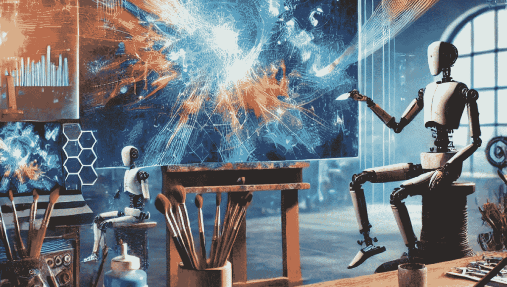 Futuristic art studio blending AI and human creativity to create innovative digital artwork.